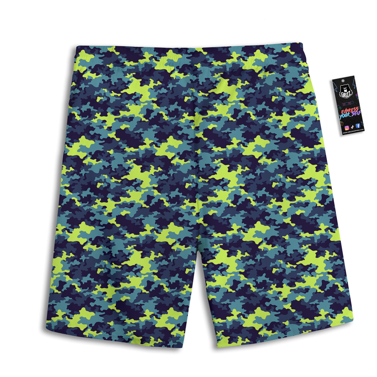 Camouflage Blue And Neon Green Print Pattern Men's Athletic Shorts
