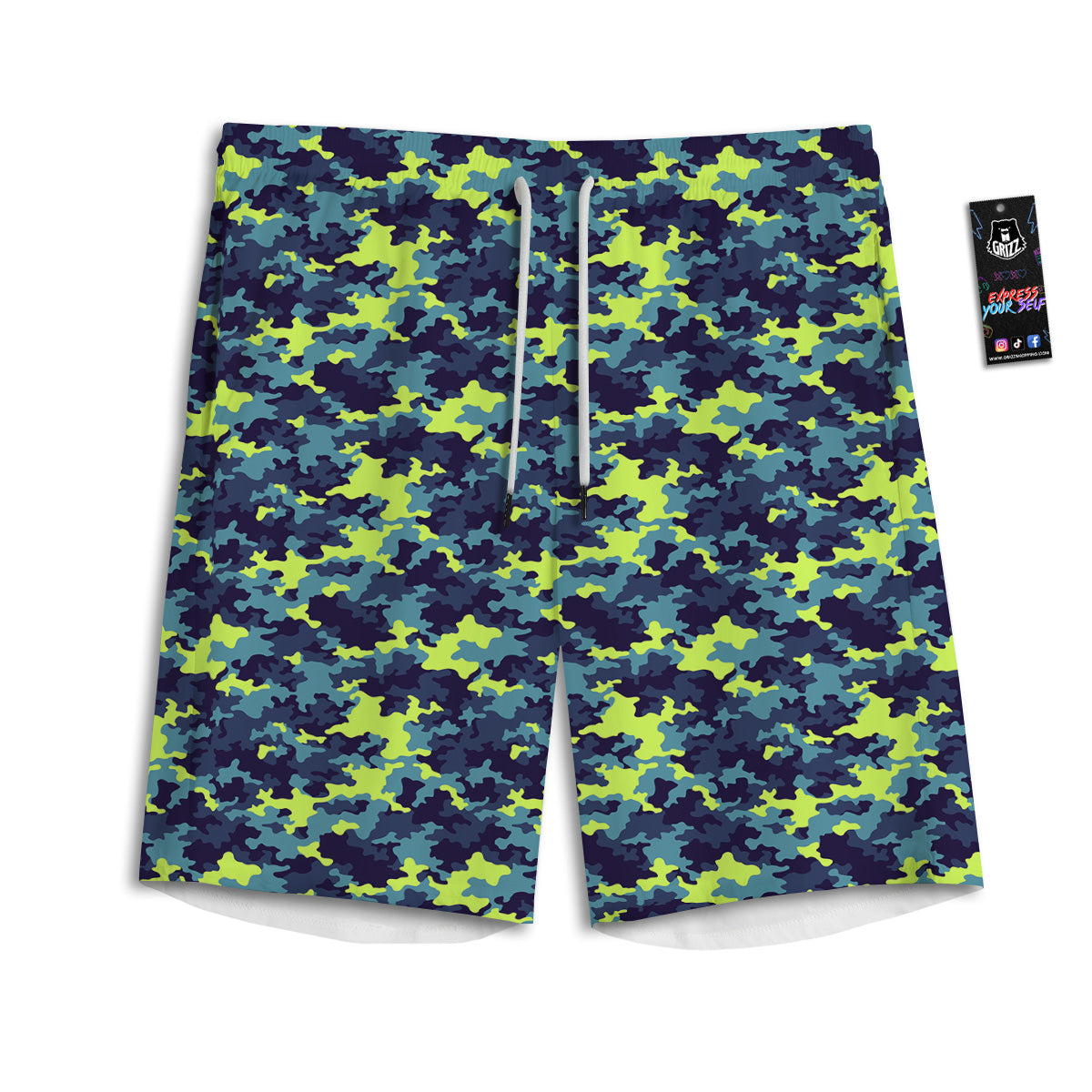 Camouflage Blue And Neon Green Print Pattern Men's Athletic Shorts