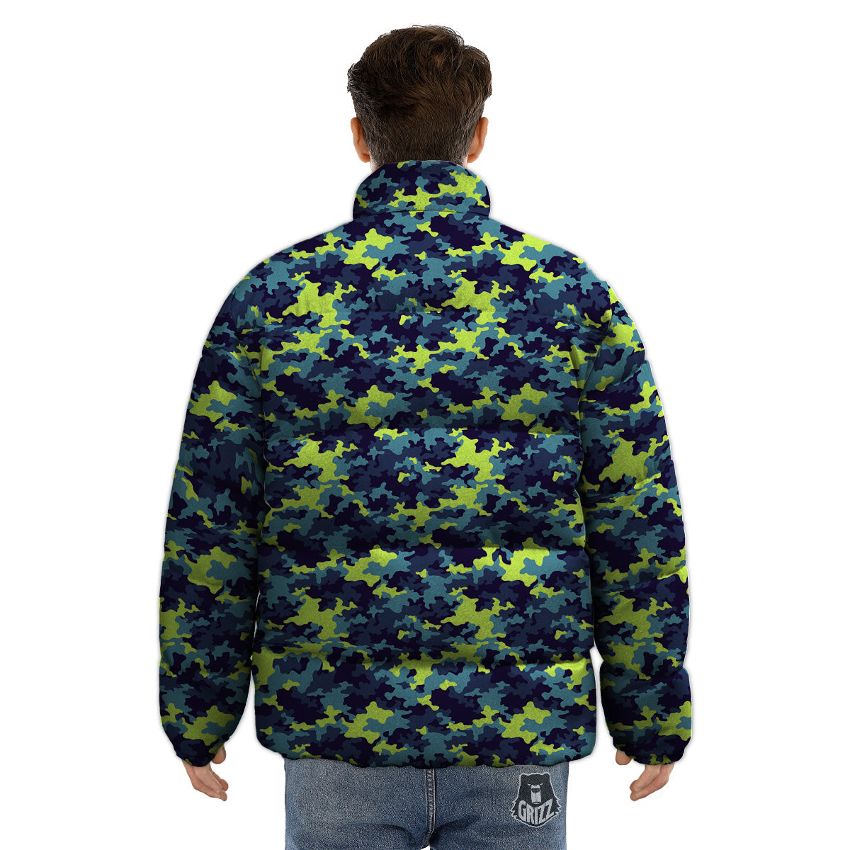 Camouflage Blue And Neon Green Print Pattern Puffer Jacket-grizzshop