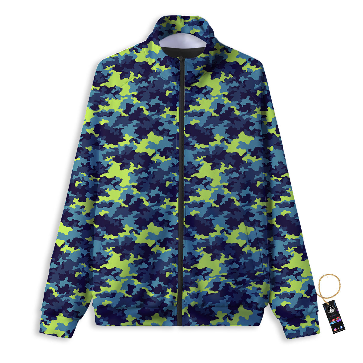 Camouflage Blue And Neon Green Print Pattern Track Jacket-grizzshop
