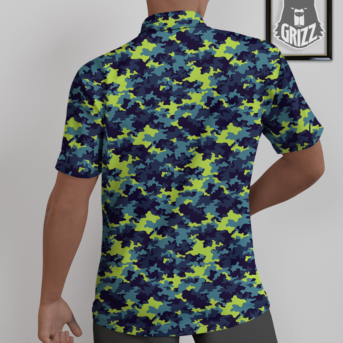 Camouflage Blue And Neon Green Print Pattern Untucked Shirts-grizzshop