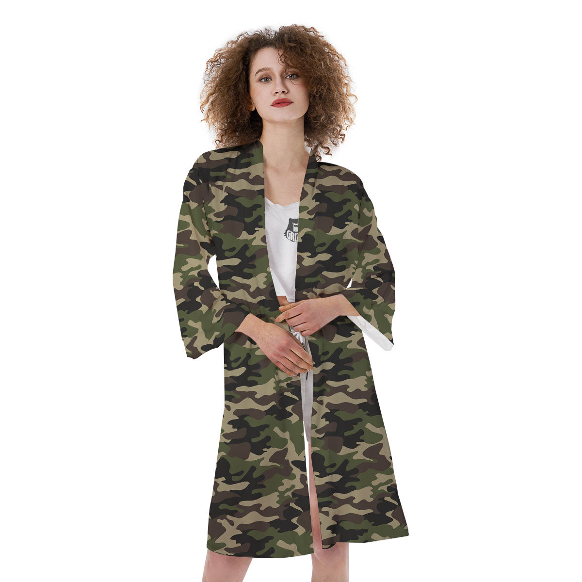 Camouflage Brown And Green Print Kimono-grizzshop