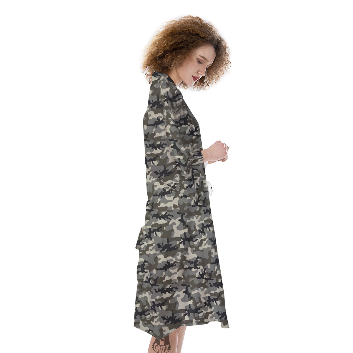 Camouflage Brown And Grey Print Kimono-grizzshop