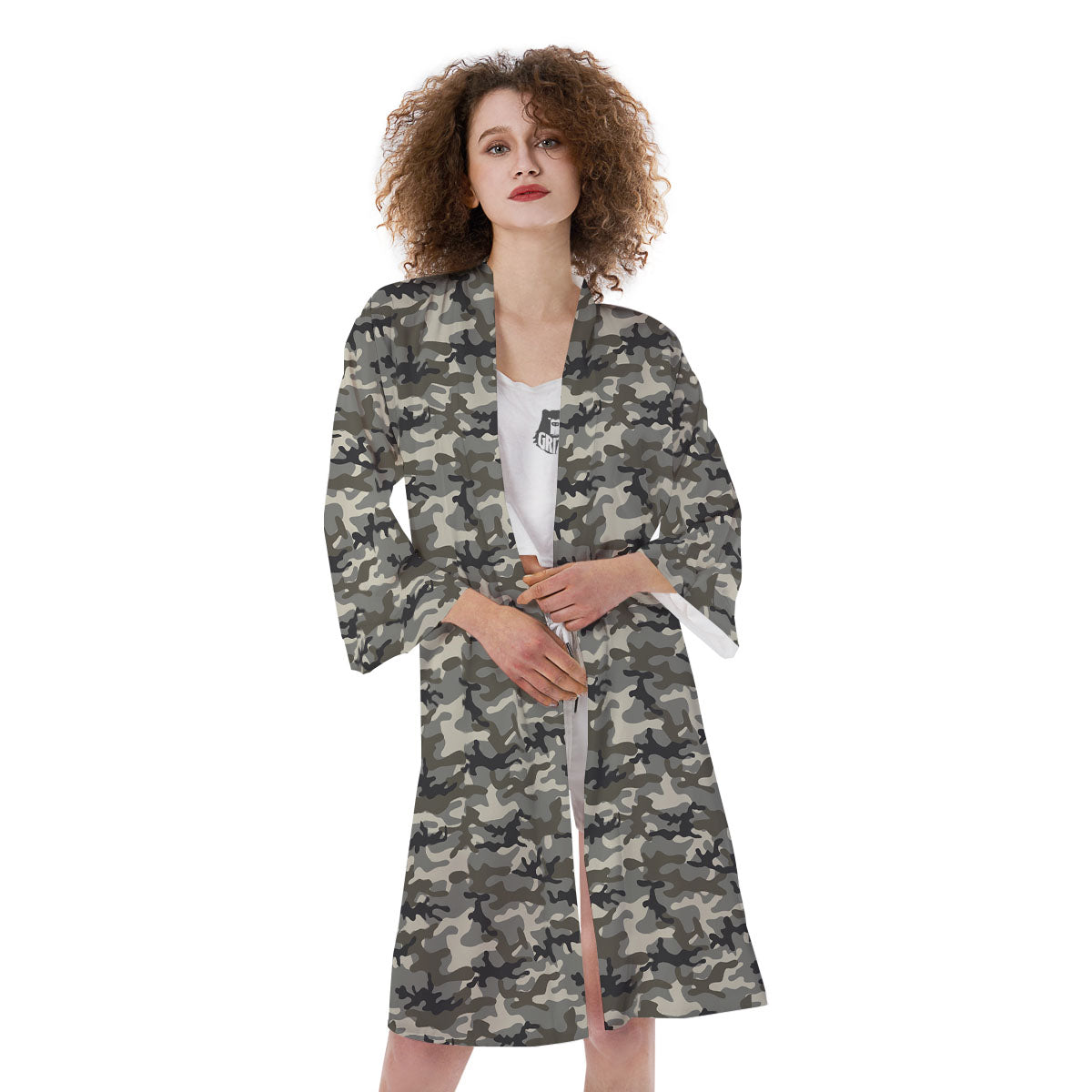 Camouflage Brown And Grey Print Kimono-grizzshop