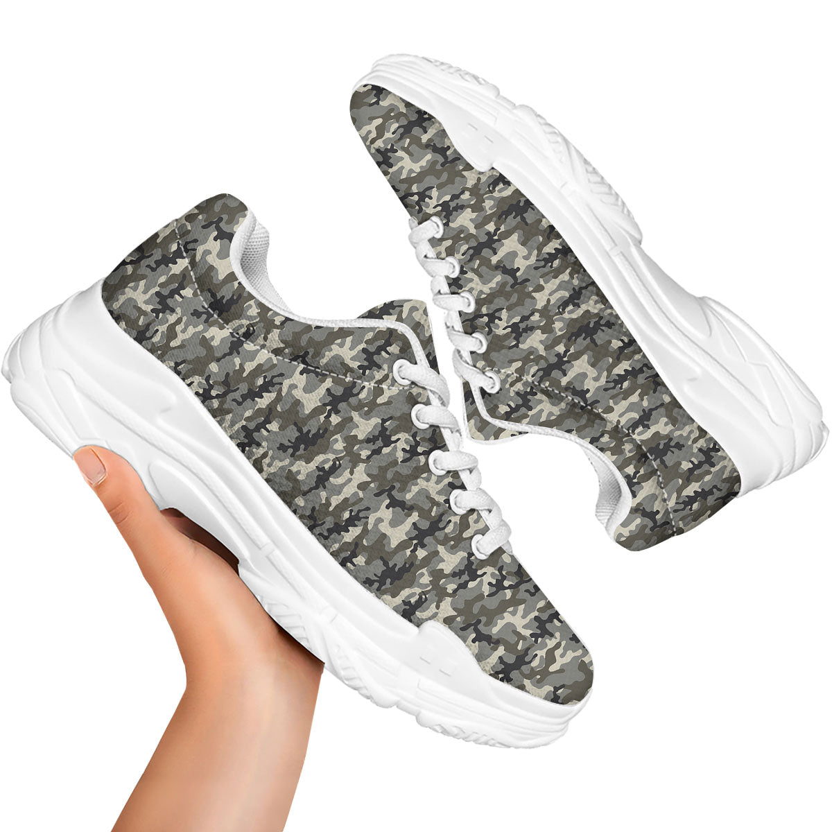 Camouflage Brown And Grey Print White Chunky Shoes-grizzshop