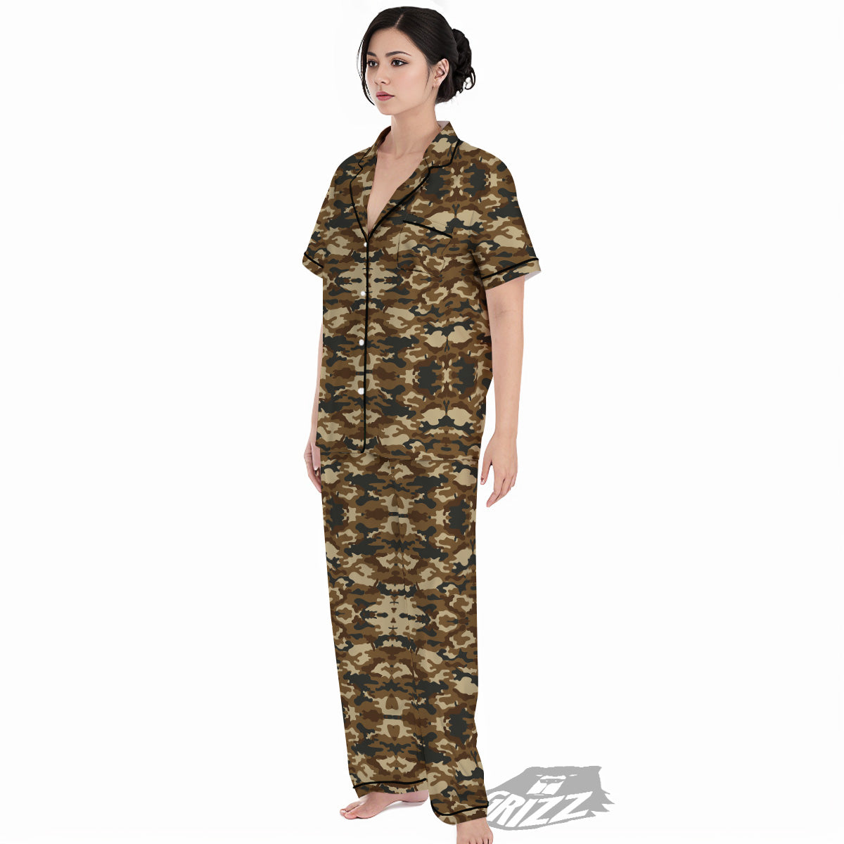 Camouflage Brown Print Women's Pajamas Set-grizzshop