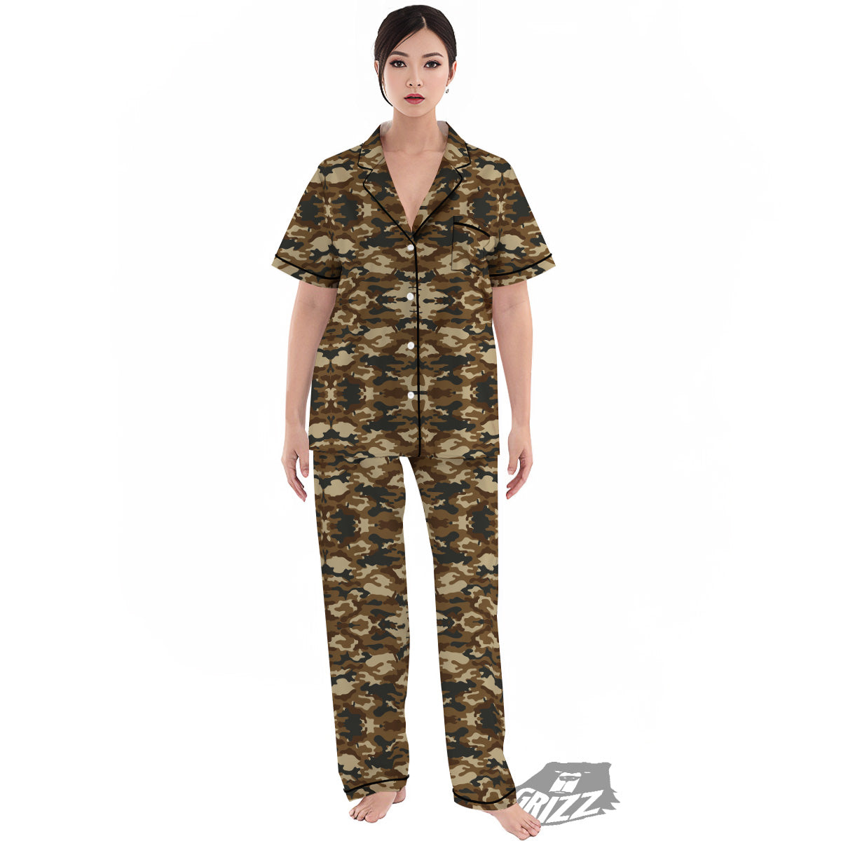 Camouflage Brown Print Women's Pajamas Set-grizzshop
