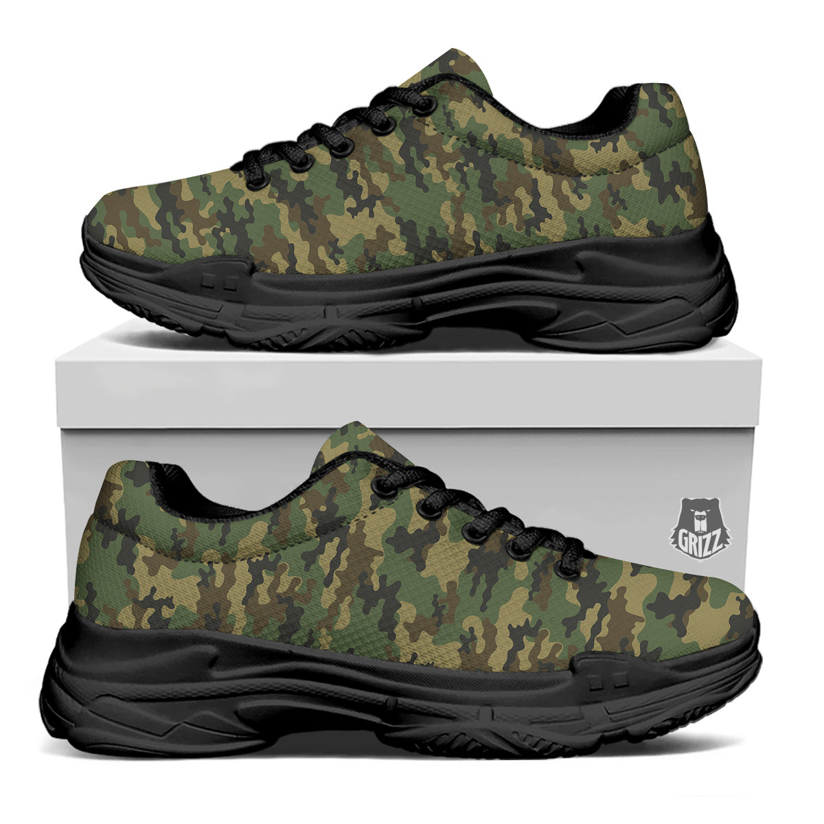 Camouflage Classic Green Print Black Chunky Shoes-grizzshop