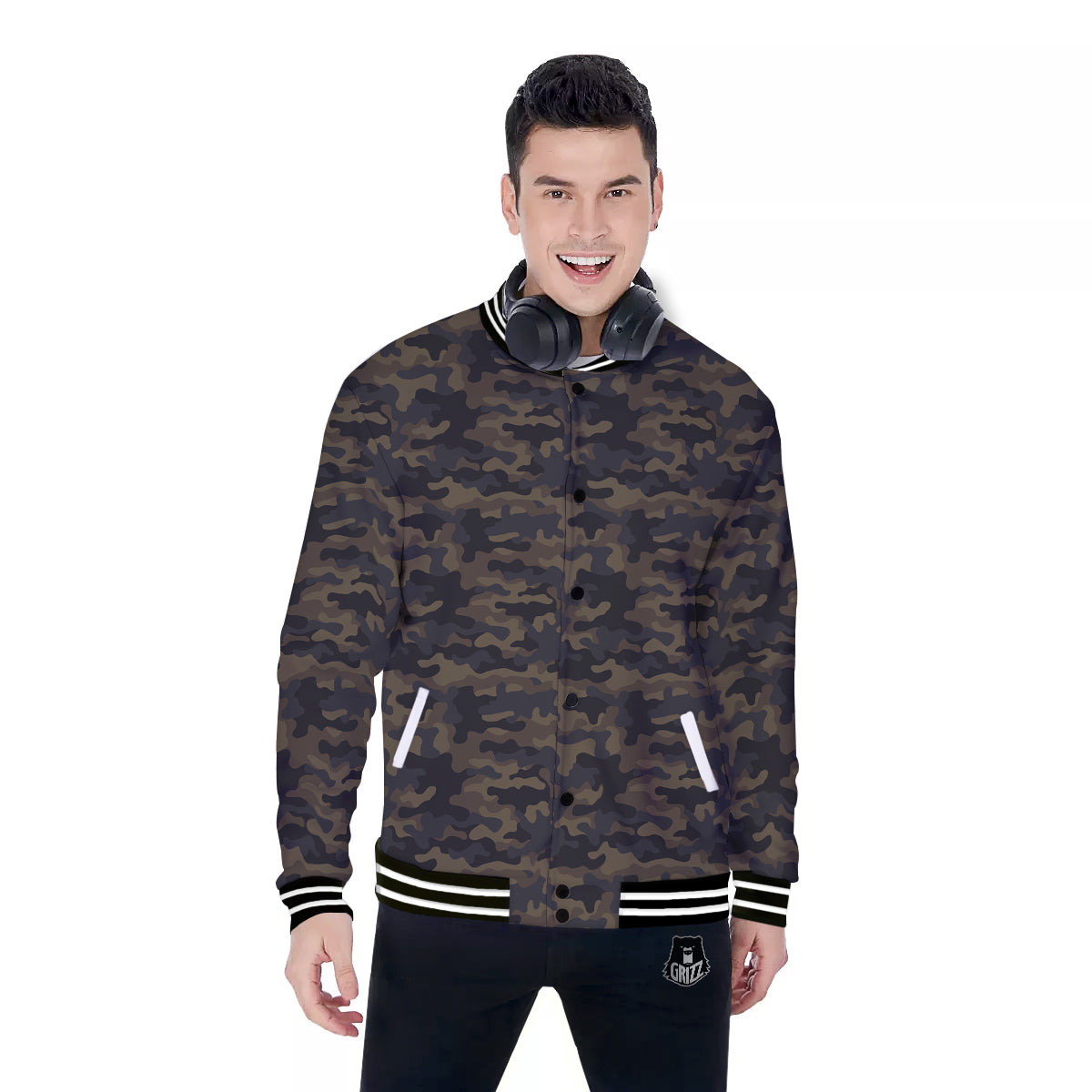 Camouflage Dark Brown Print Baseball Jacket-grizzshop