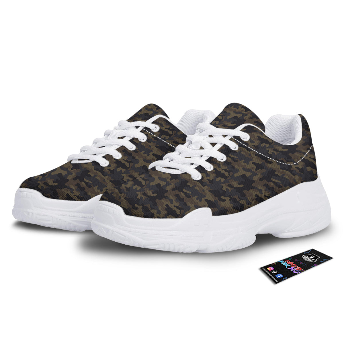 Camouflage Dark Brown Print White Chunky Shoes-grizzshop