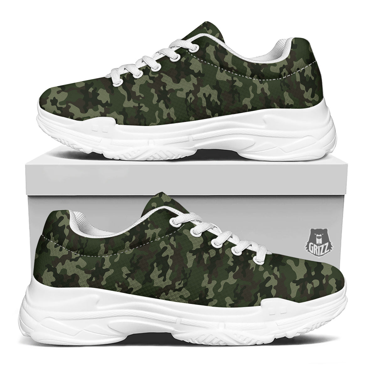 Camouflage Dark Green Print White Chunky Shoes-grizzshop