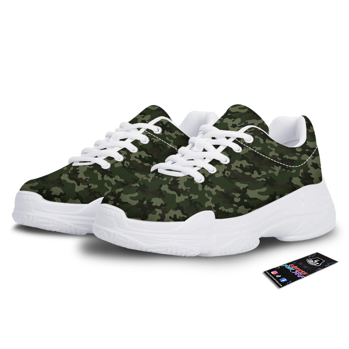 Camouflage Dark Green Print White Chunky Shoes-grizzshop