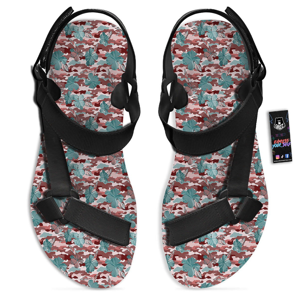 Camouflage Flower Colorful Aloha Print Black Open Toe Sandals-grizzshop
