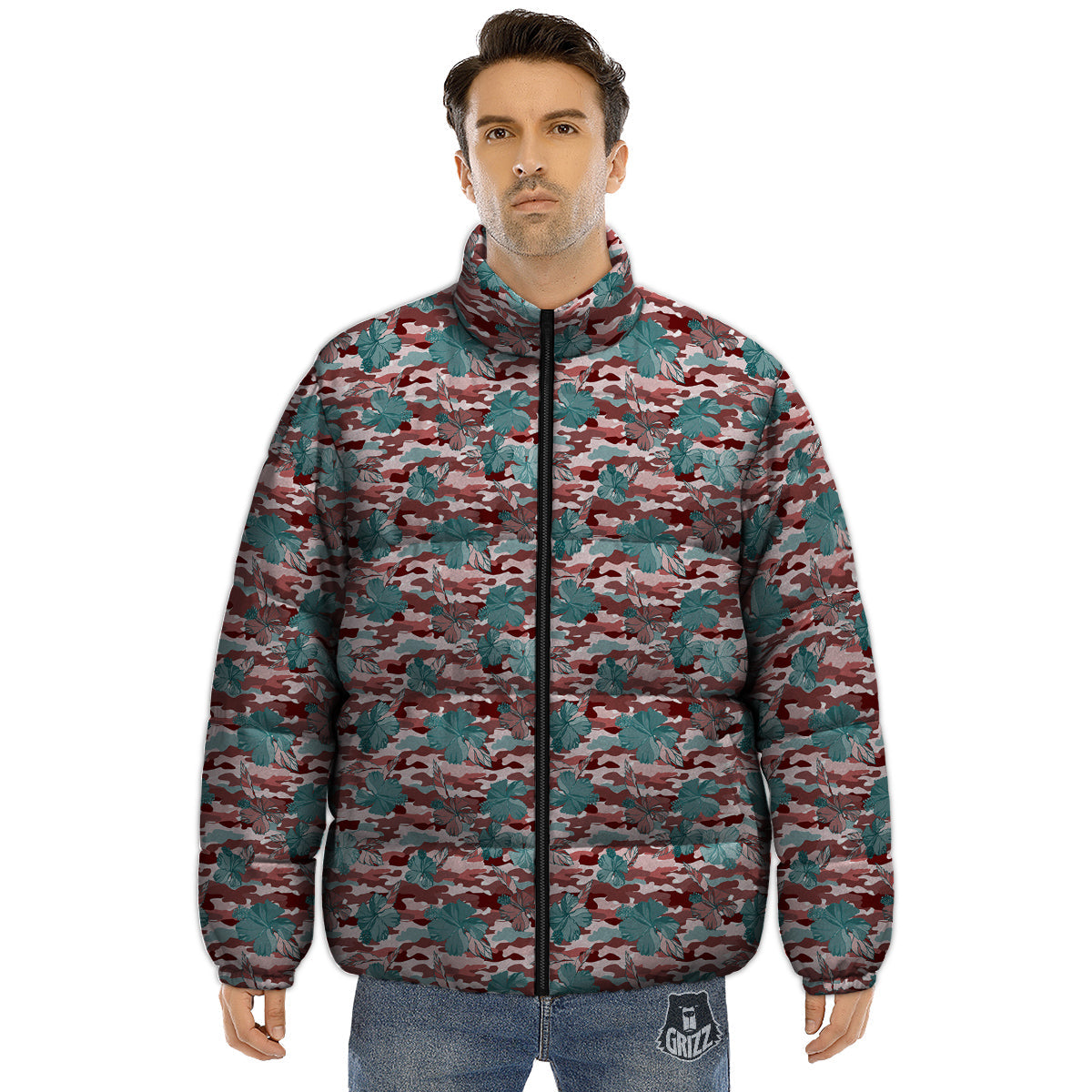 Camouflage Flower Colorful Aloha Print Puffer Jacket-grizzshop