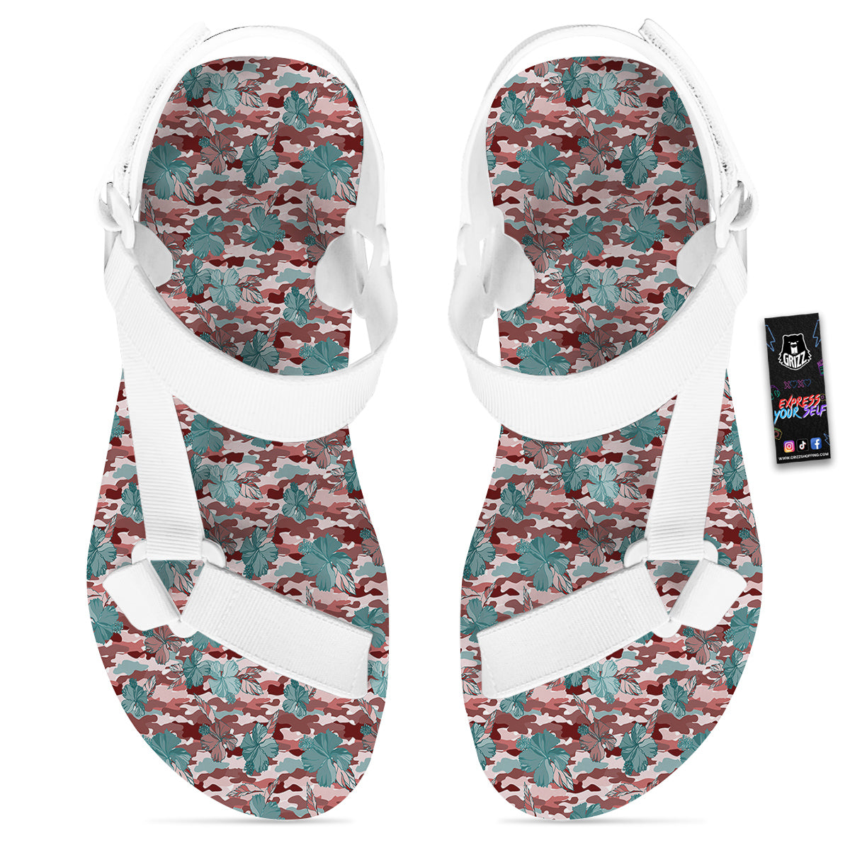 Camouflage Flower Colorful Aloha Print White Open Toe Sandals-grizzshop