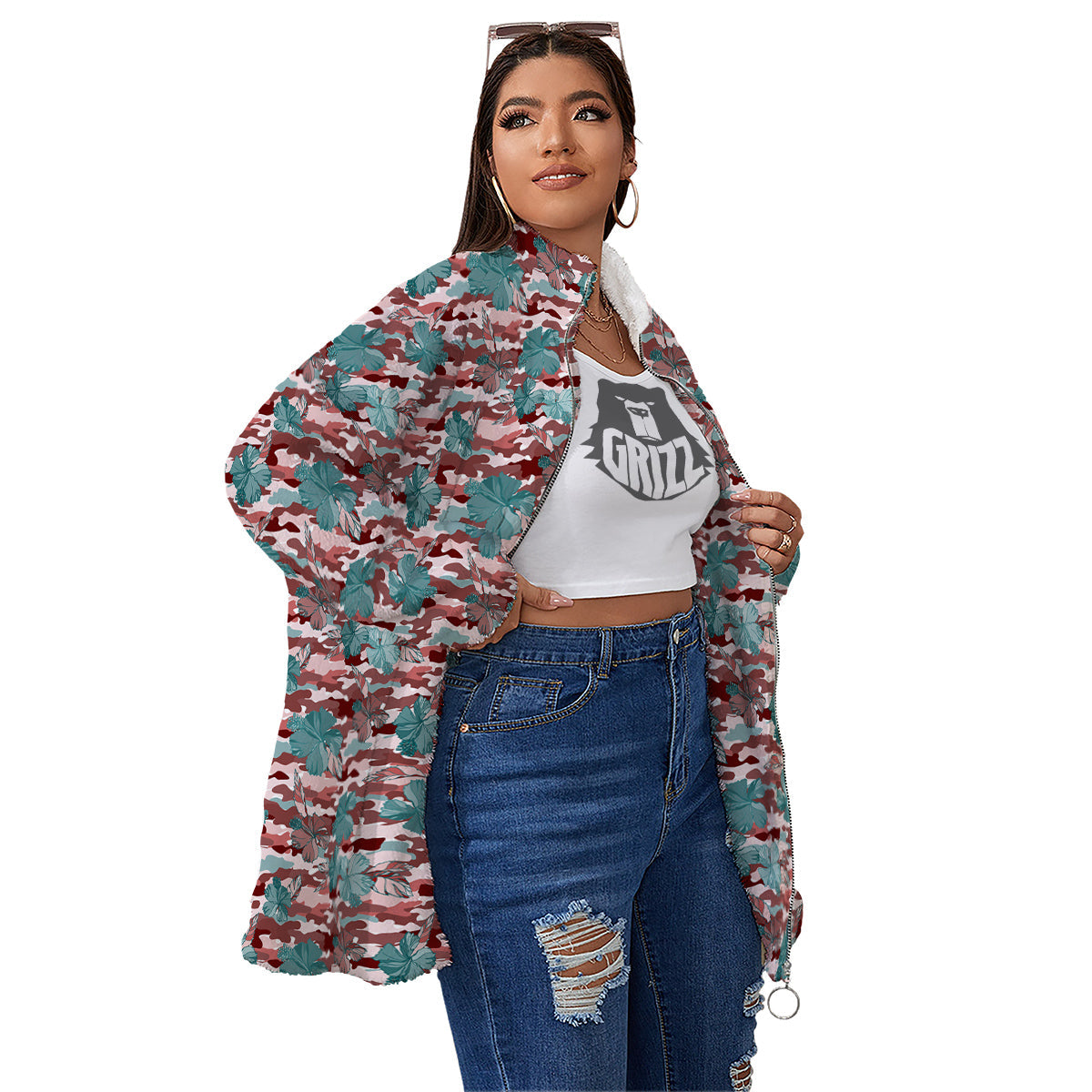 Camouflage Flower Colorful Aloha Print Women's Sherpa Jacket-grizzshop