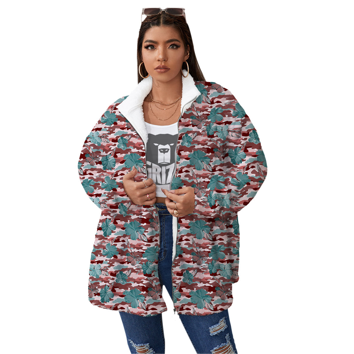 Camouflage Flower Colorful Aloha Print Women's Sherpa Jacket-grizzshop