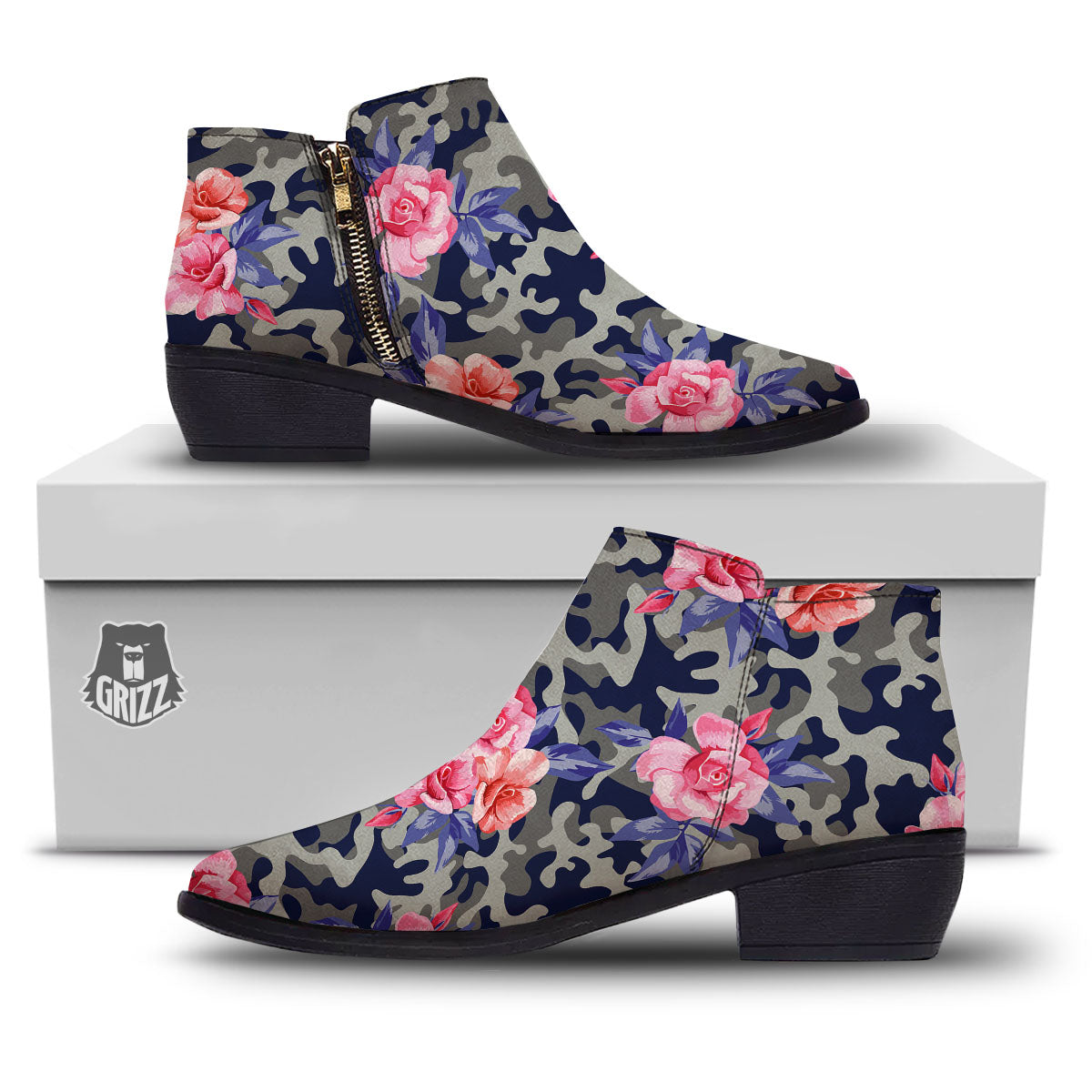Camouflage Flower Pink Rose Print Ankle Boots-grizzshop