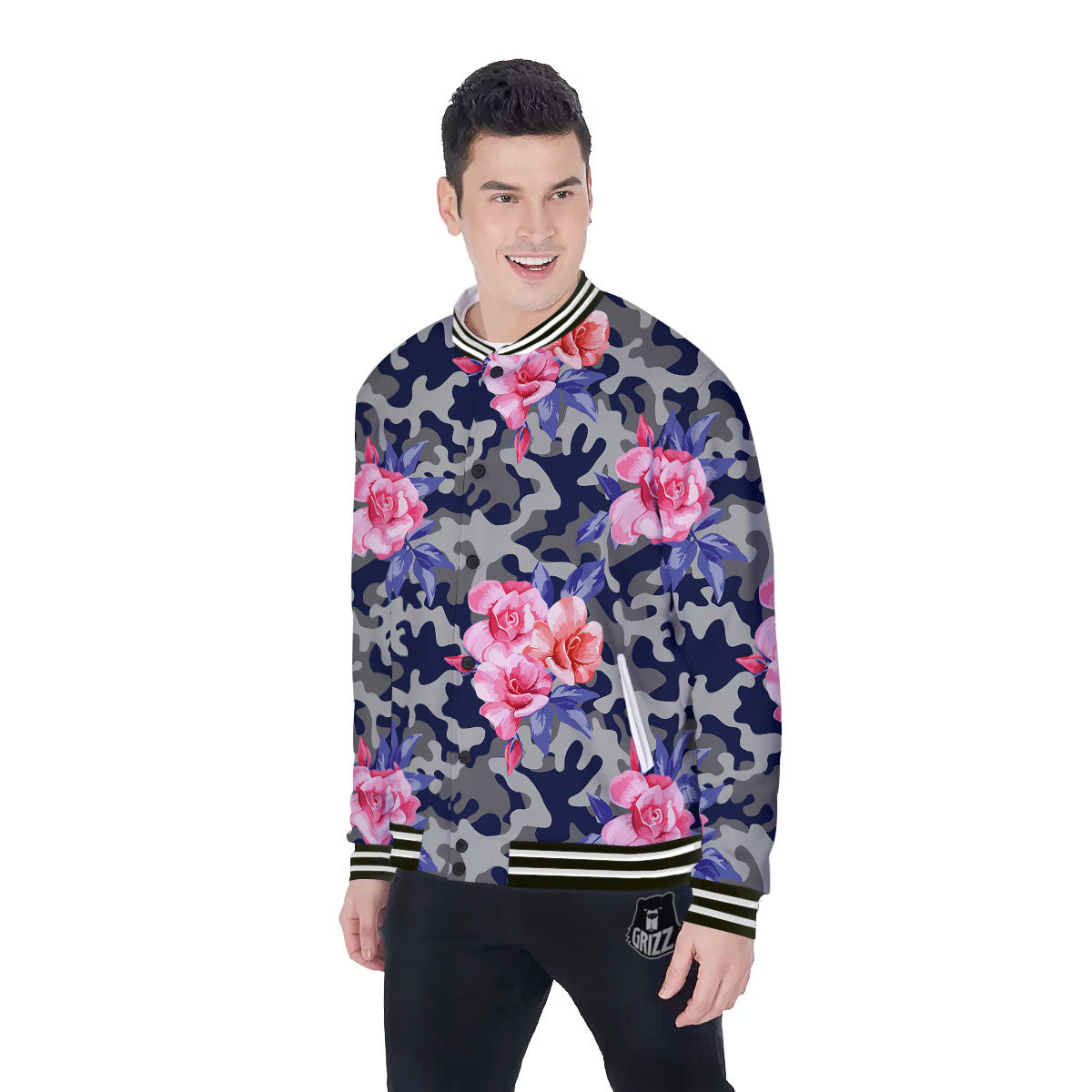Camouflage Flower Pink Rose Print Baseball Jacket-grizzshop
