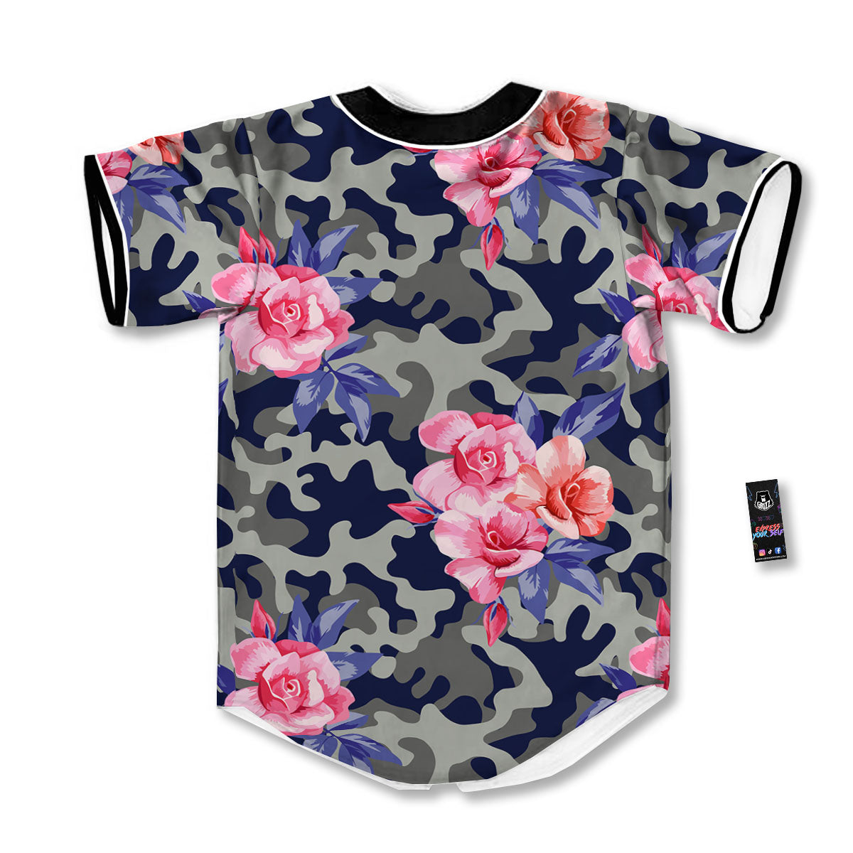 Camouflage Flower Pink Rose Print Baseball Jersey-grizzshop