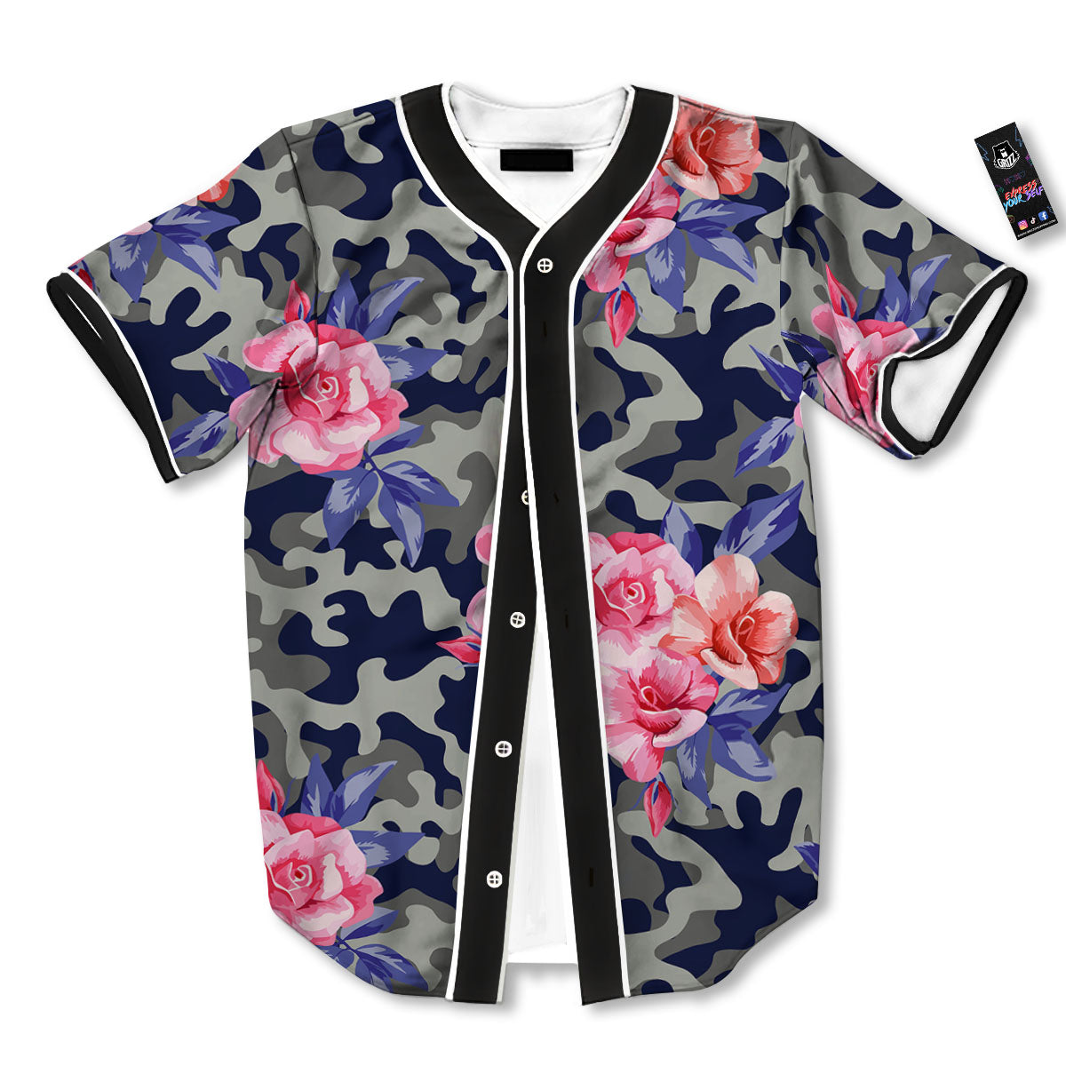 Camouflage Flower Pink Rose Print Baseball Jersey-grizzshop