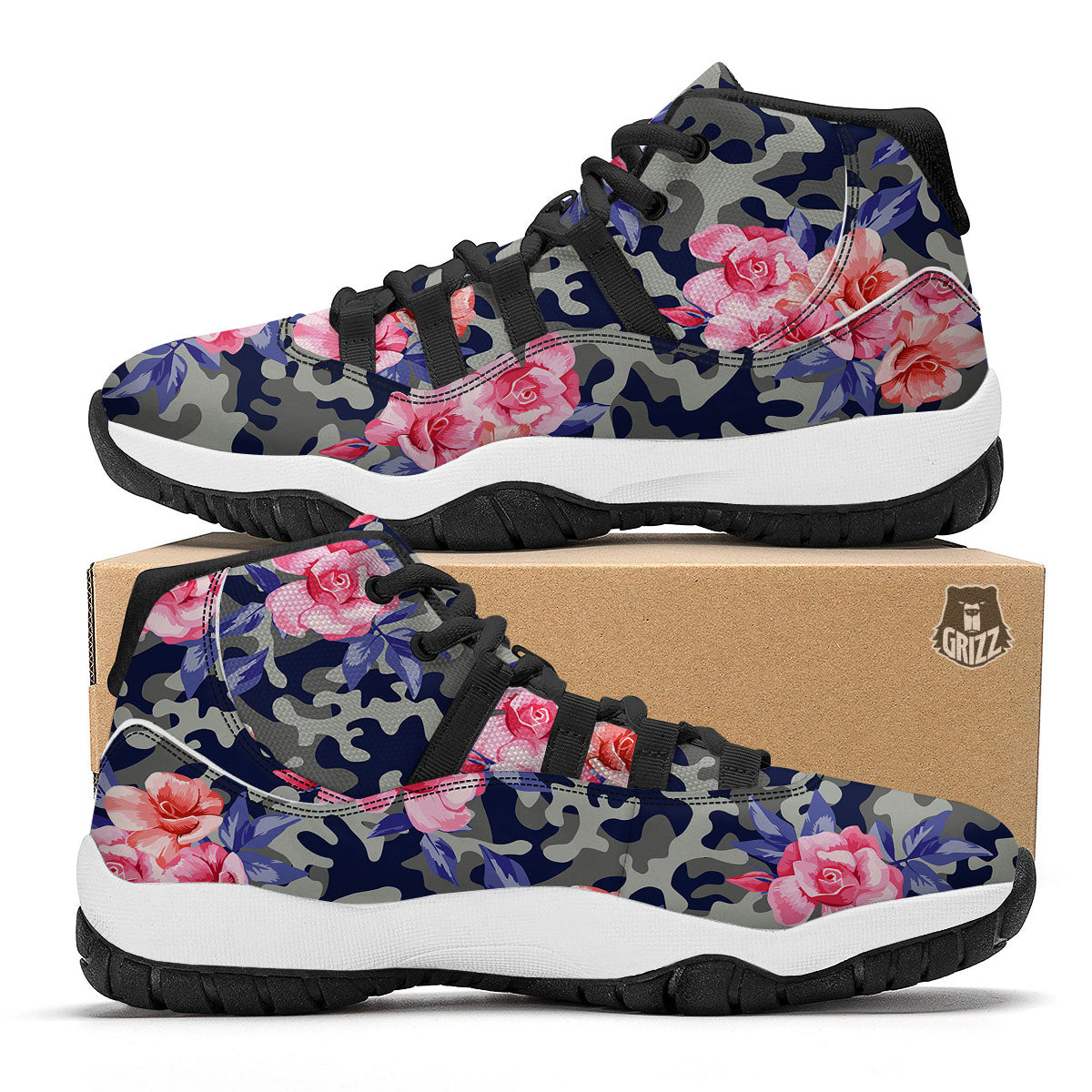 Camouflage Flower Pink Rose Print Black Bball Shoes-grizzshop