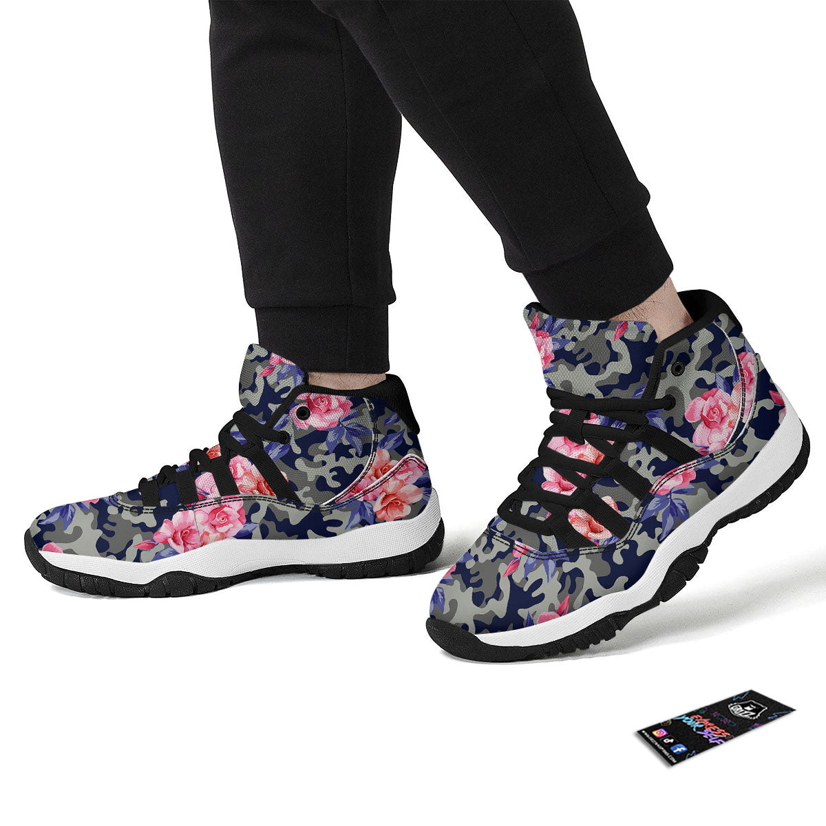 Camouflage Flower Pink Rose Print Black Bball Shoes-grizzshop