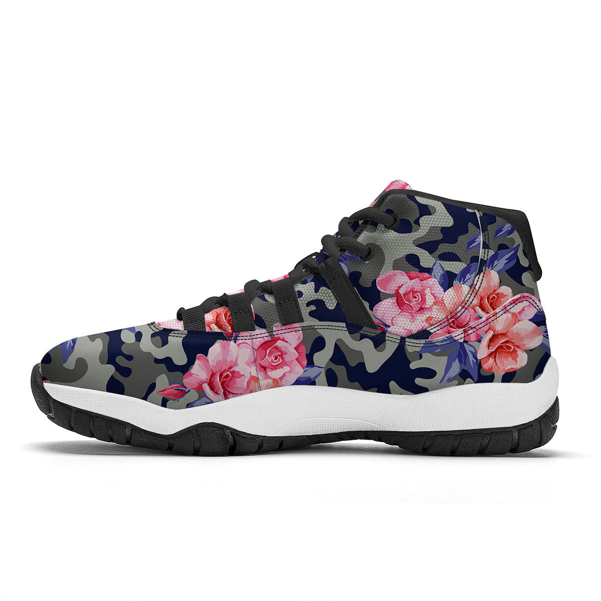 Camouflage Flower Pink Rose Print Black Bball Shoes-grizzshop