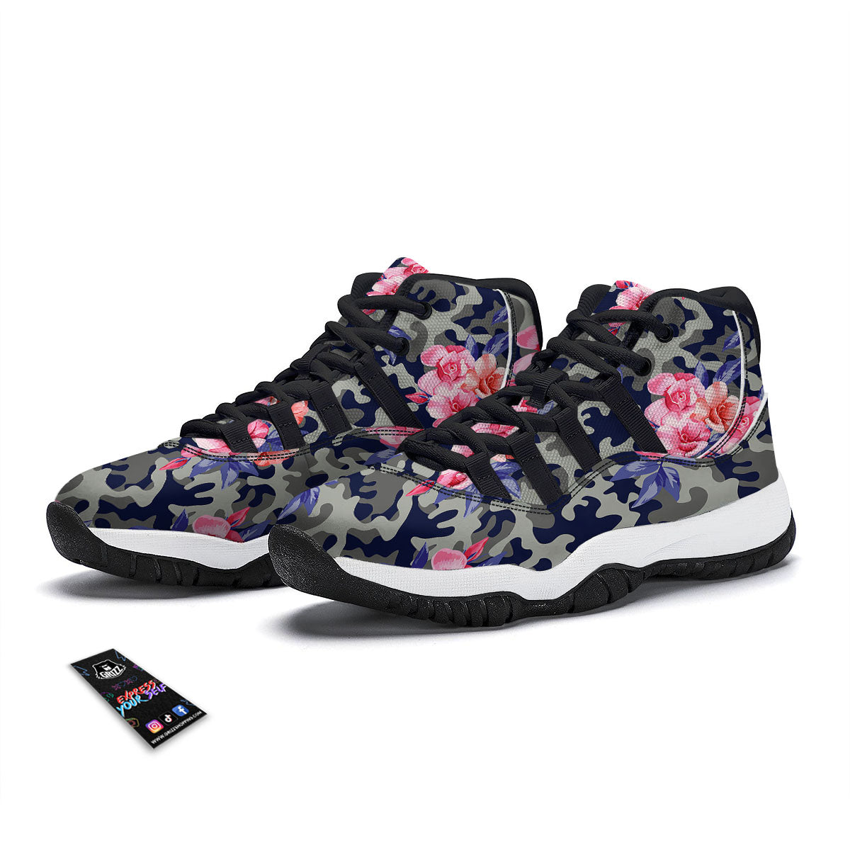 Camouflage Flower Pink Rose Print Black Bball Shoes-grizzshop