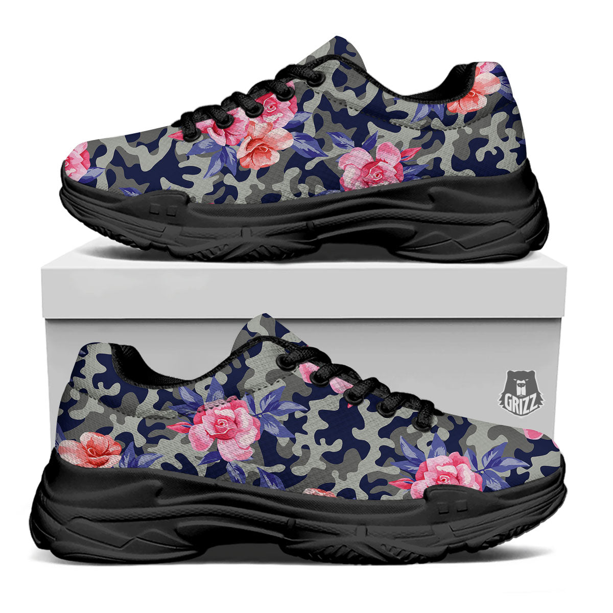 Camouflage Flower Pink Rose Print Black Chunky Shoes-grizzshop