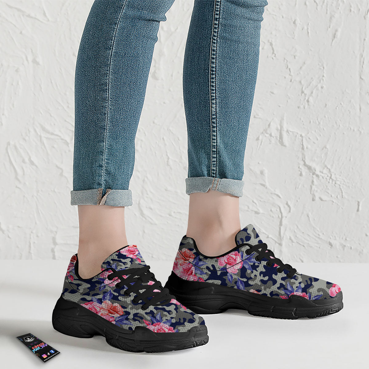 Camouflage Flower Pink Rose Print Black Chunky Shoes-grizzshop