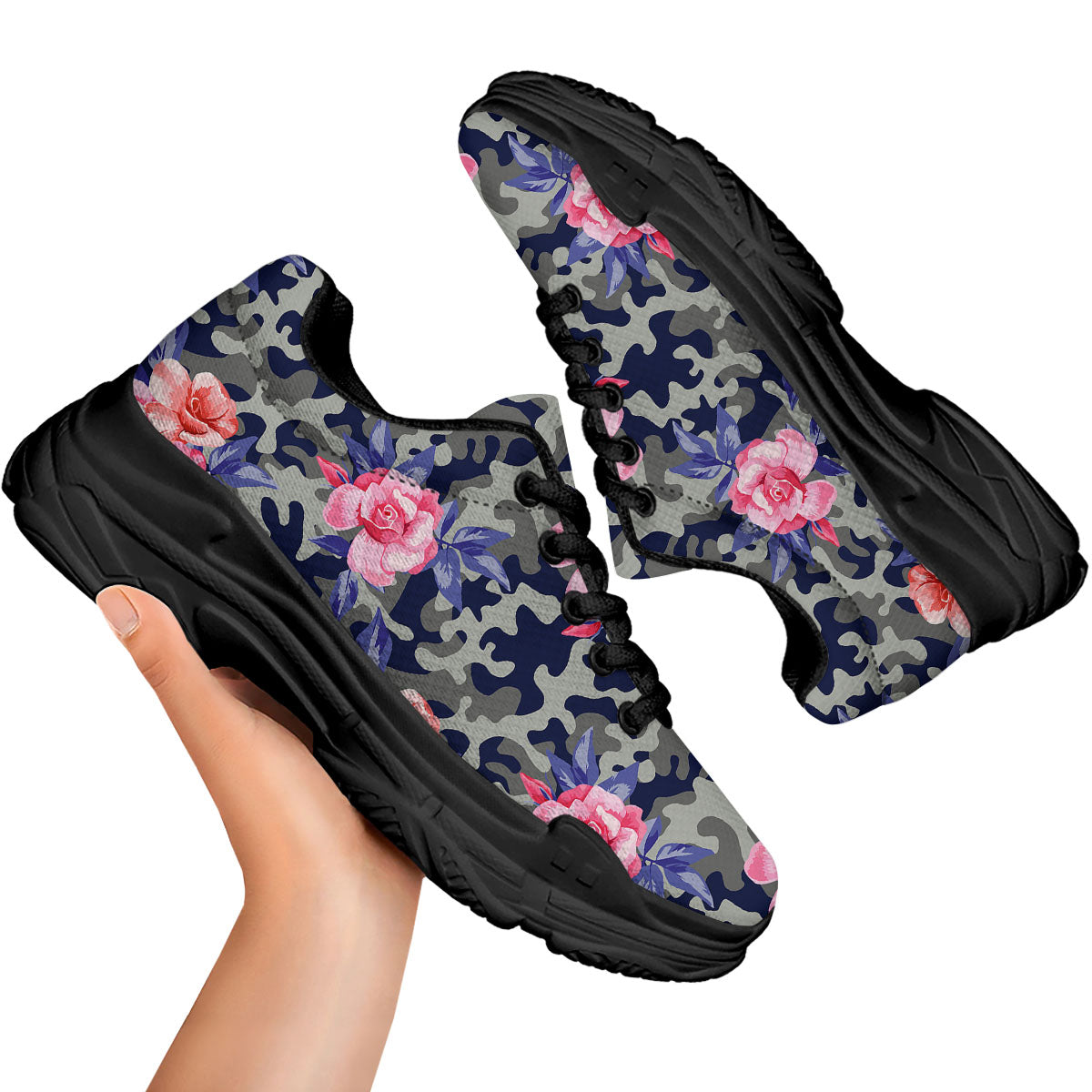 Camouflage Flower Pink Rose Print Black Chunky Shoes-grizzshop