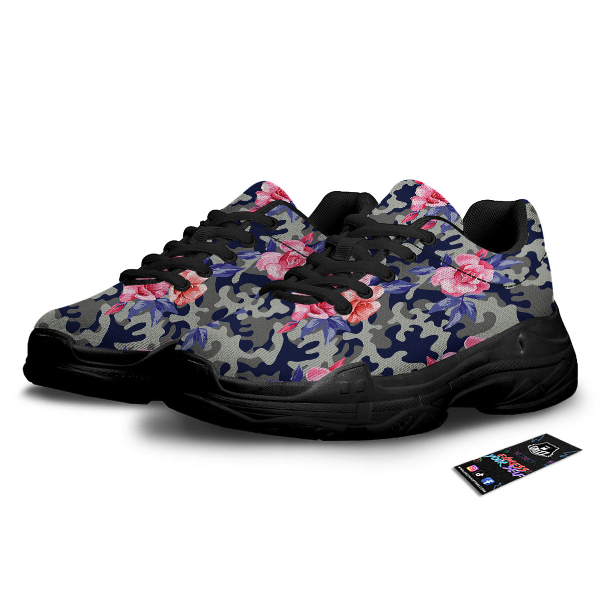 Camouflage Flower Pink Rose Print Black Chunky Shoes-grizzshop