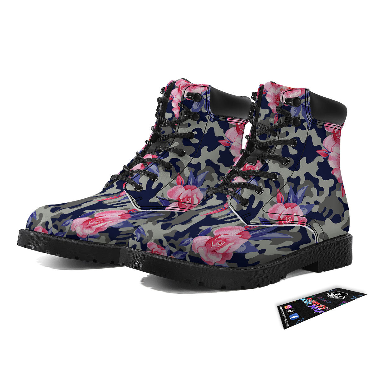Camouflage Flower Pink Rose Print Boots-grizzshop
