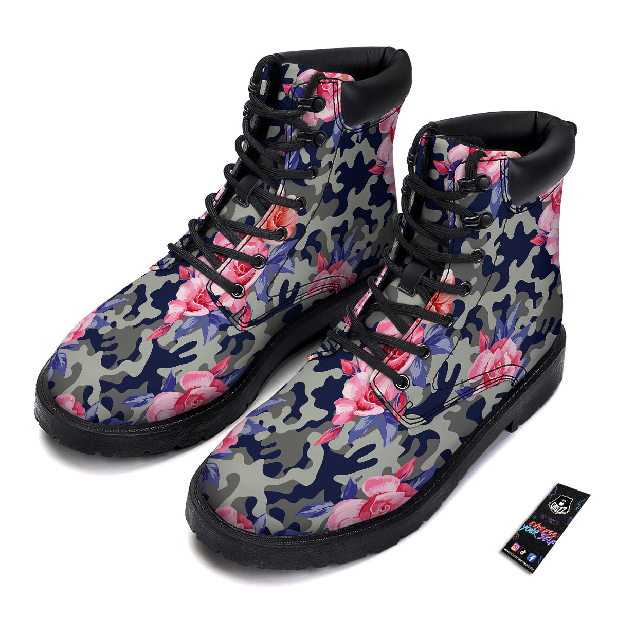 Camouflage Flower Pink Rose Print Boots-grizzshop