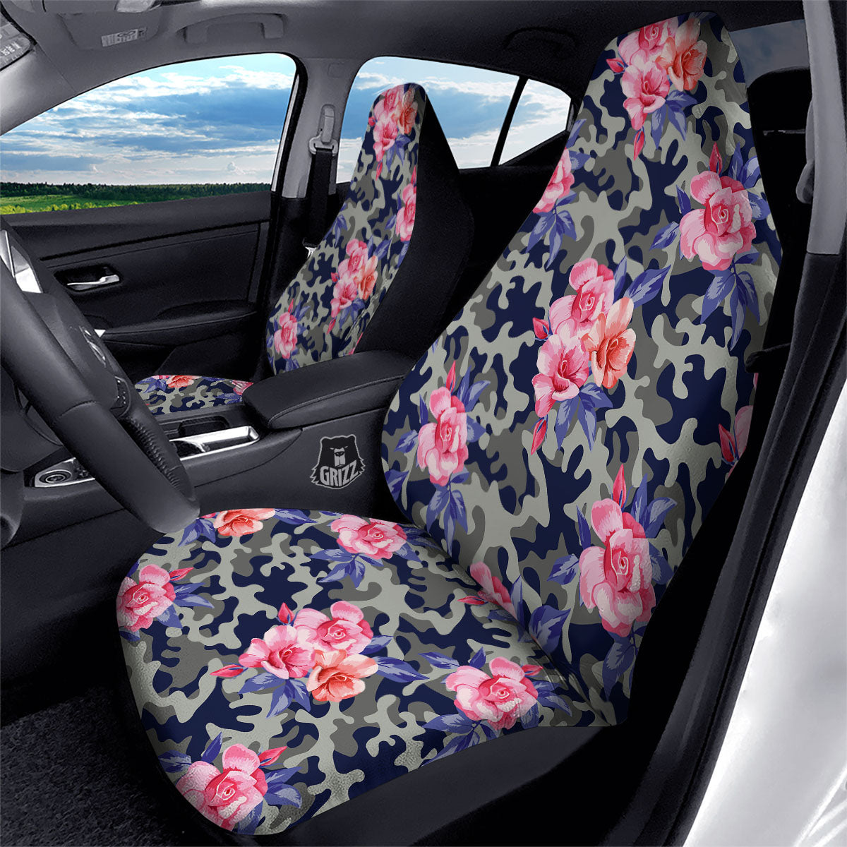 Camouflage Flower Pink Rose Print Car Seat Covers-grizzshop