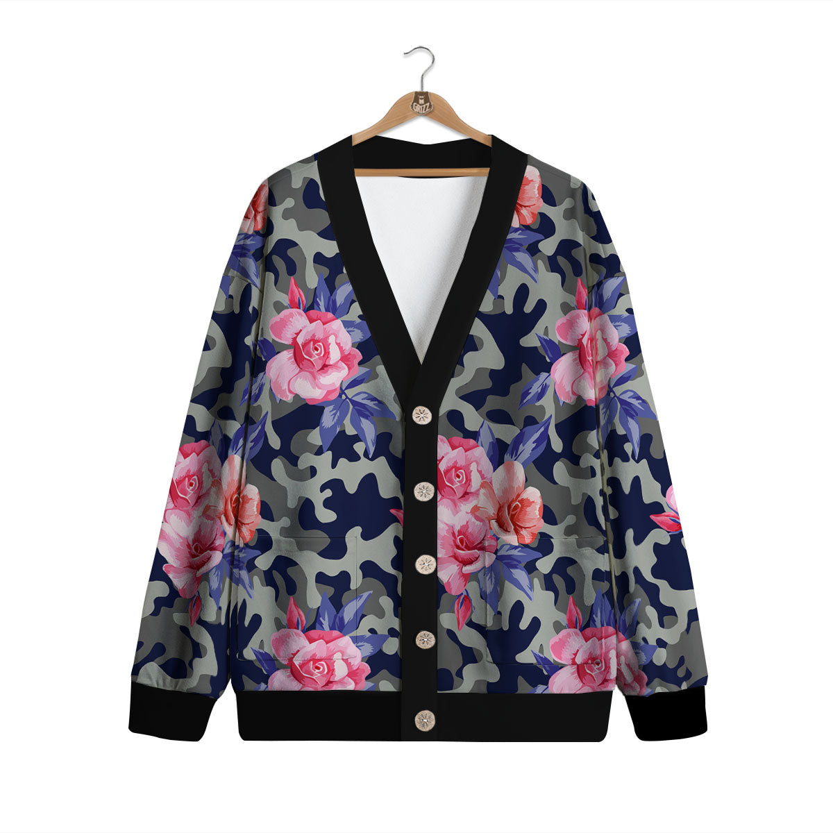 Camouflage Flower Pink Rose Print Cardigan-grizzshop