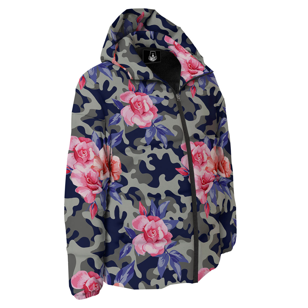 Camouflage Flower Pink Rose Print Down Jacket-grizzshop