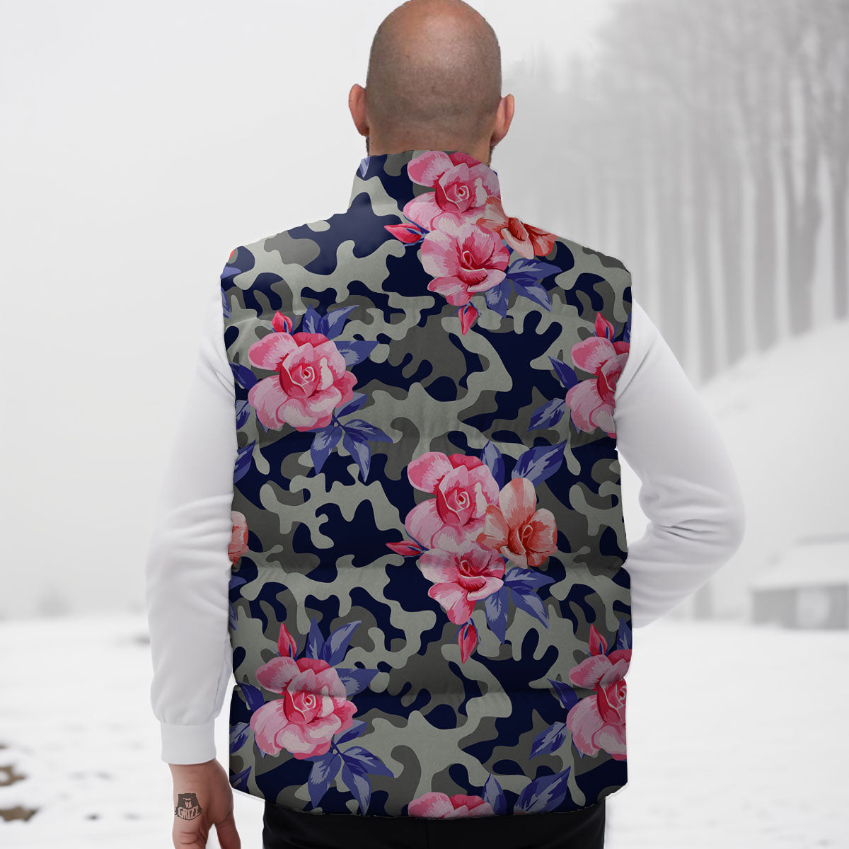 Camouflage Flower Pink Rose Print Down Vest