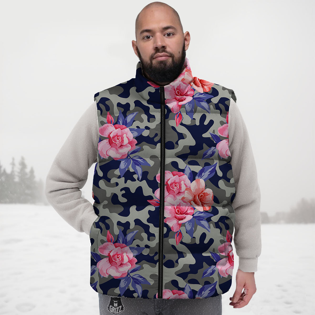 Camouflage Flower Pink Rose Print Down Vest