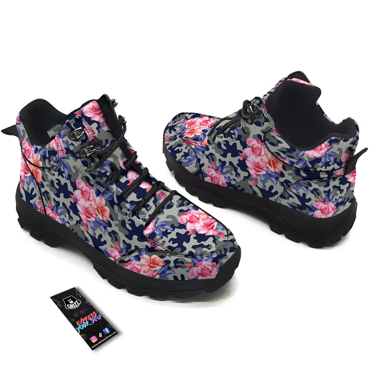 Camouflage Flower Pink Rose Print Hiking Shoes-grizzshop