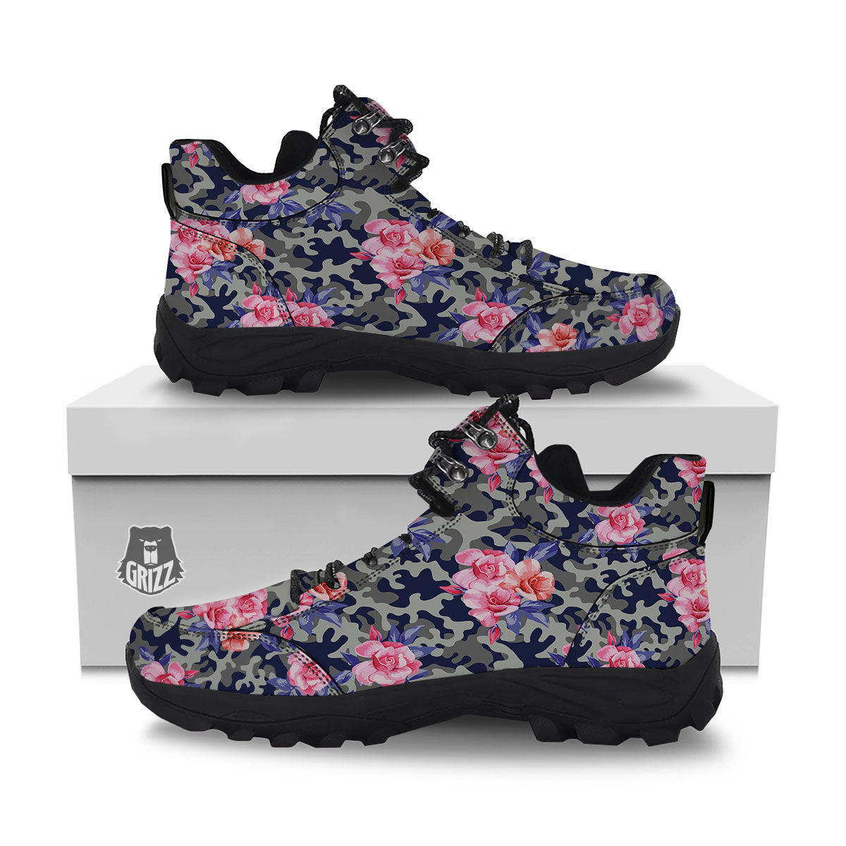 Camouflage Flower Pink Rose Print Hiking Shoes-grizzshop