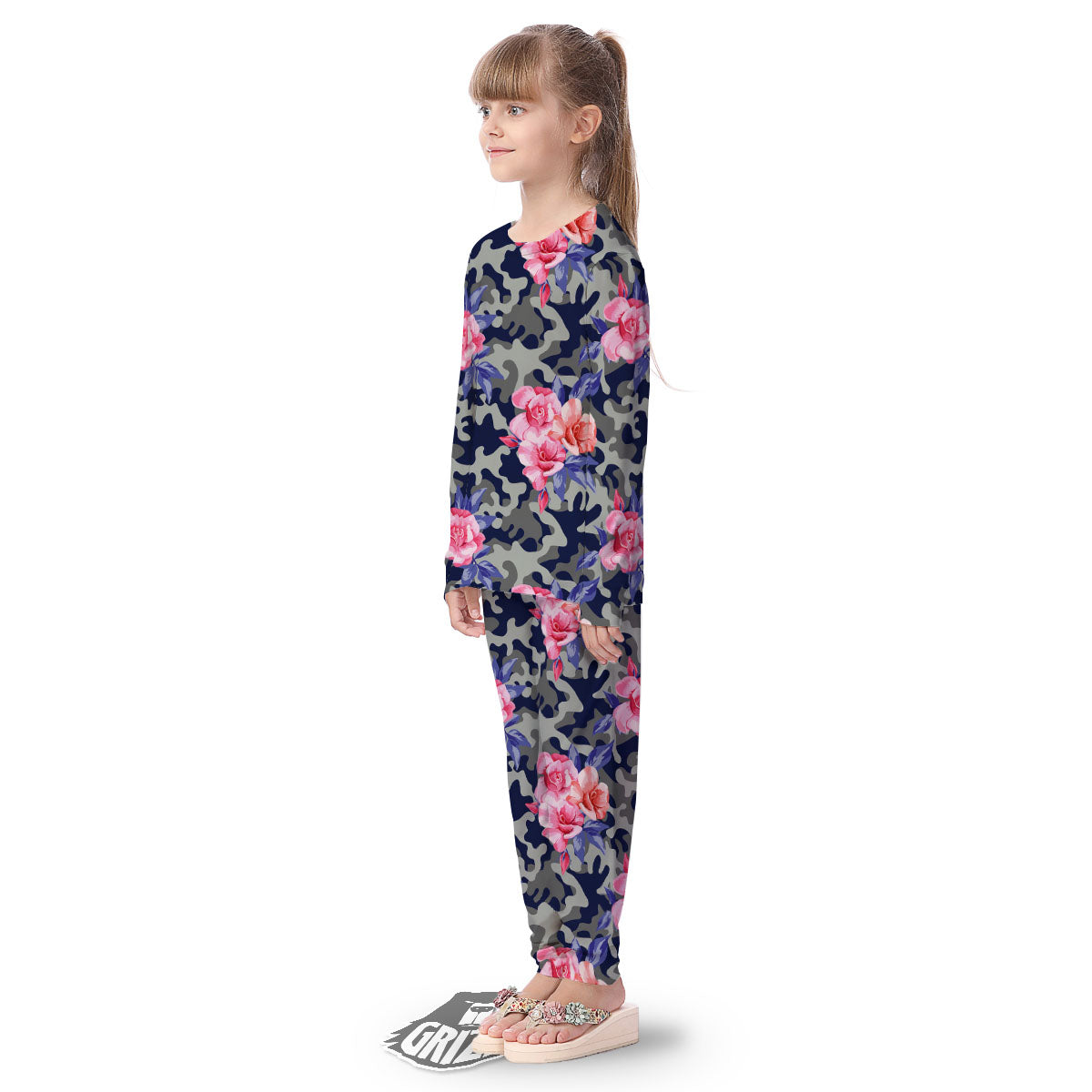 Camouflage Flower Pink Rose Print Kid's Pajamas-grizzshop