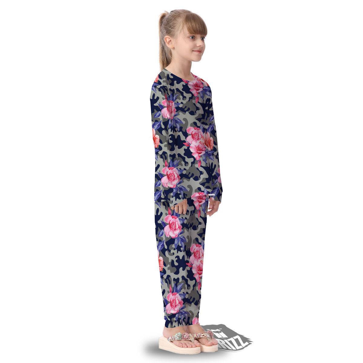 Camouflage Flower Pink Rose Print Kid's Pajamas-grizzshop