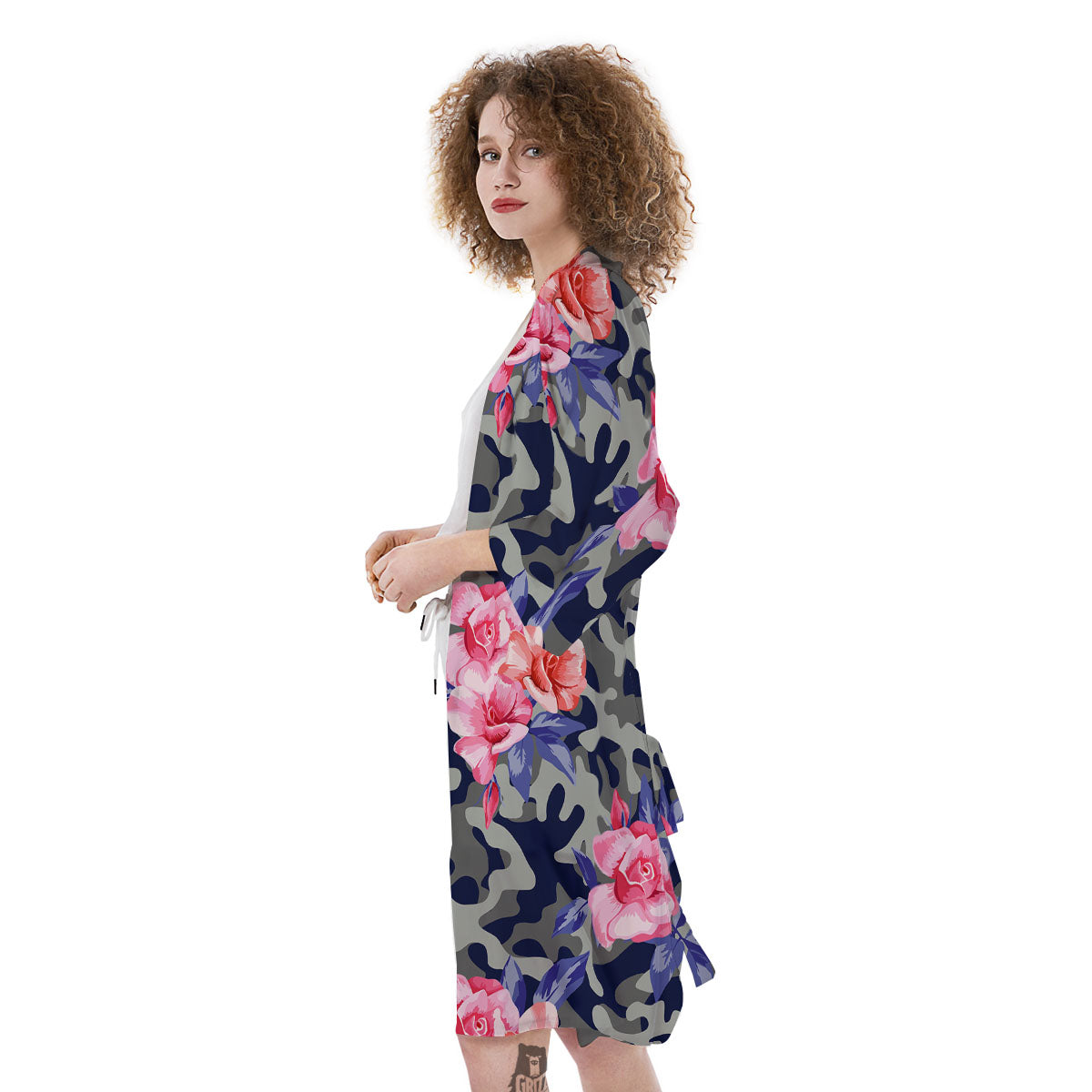 Camouflage Flower Pink Rose Print Kimono-grizzshop