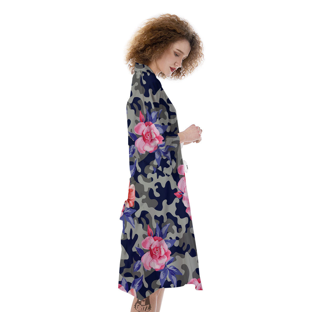 Camouflage Flower Pink Rose Print Kimono-grizzshop