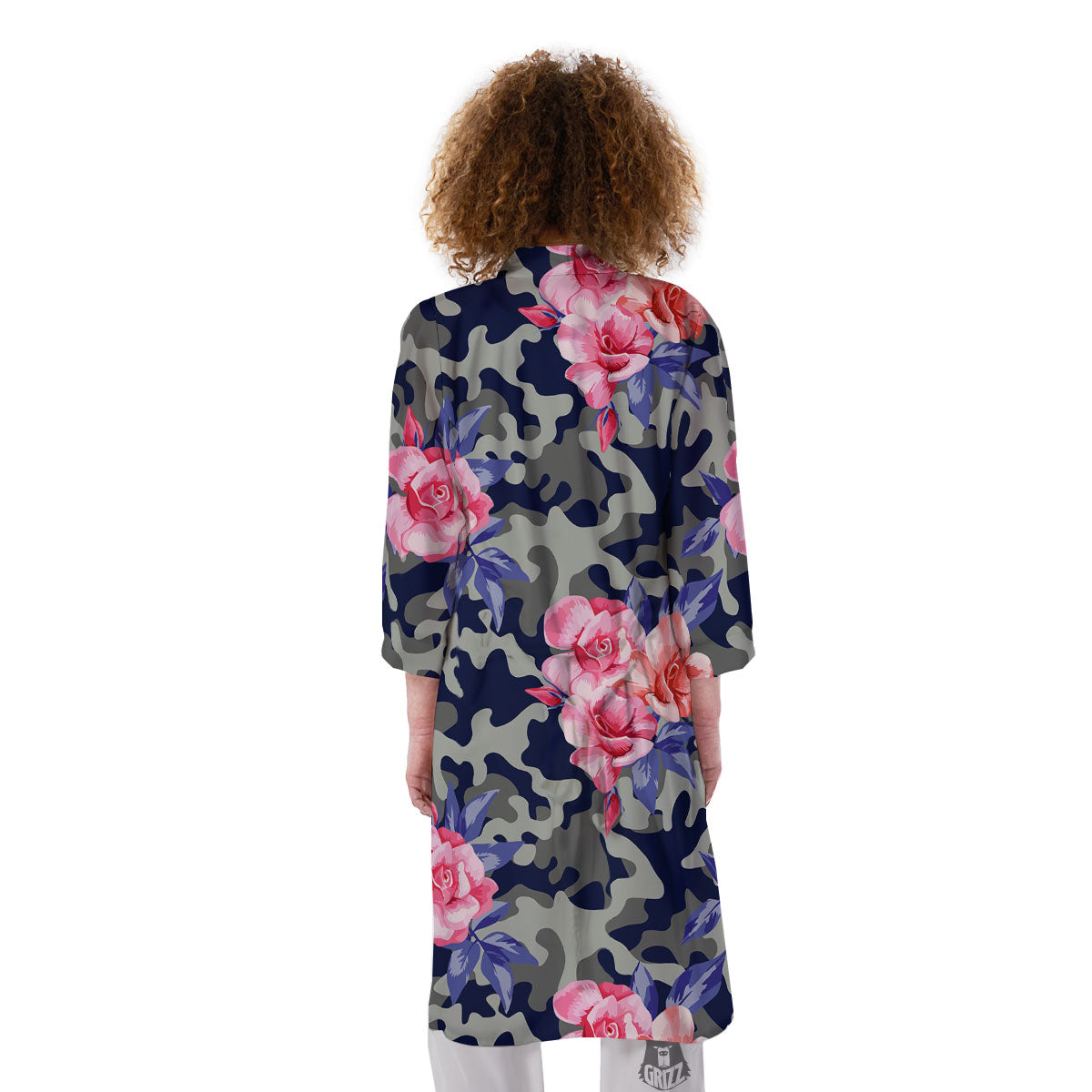 Camouflage Flower Pink Rose Print Kimono-grizzshop