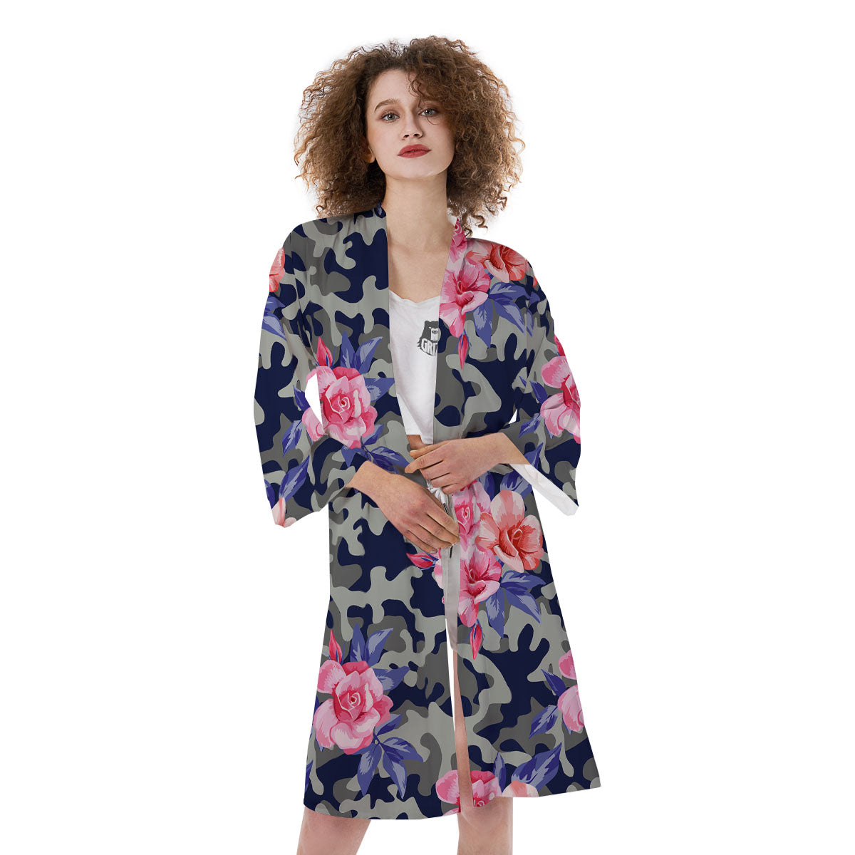 Camouflage Flower Pink Rose Print Kimono-grizzshop