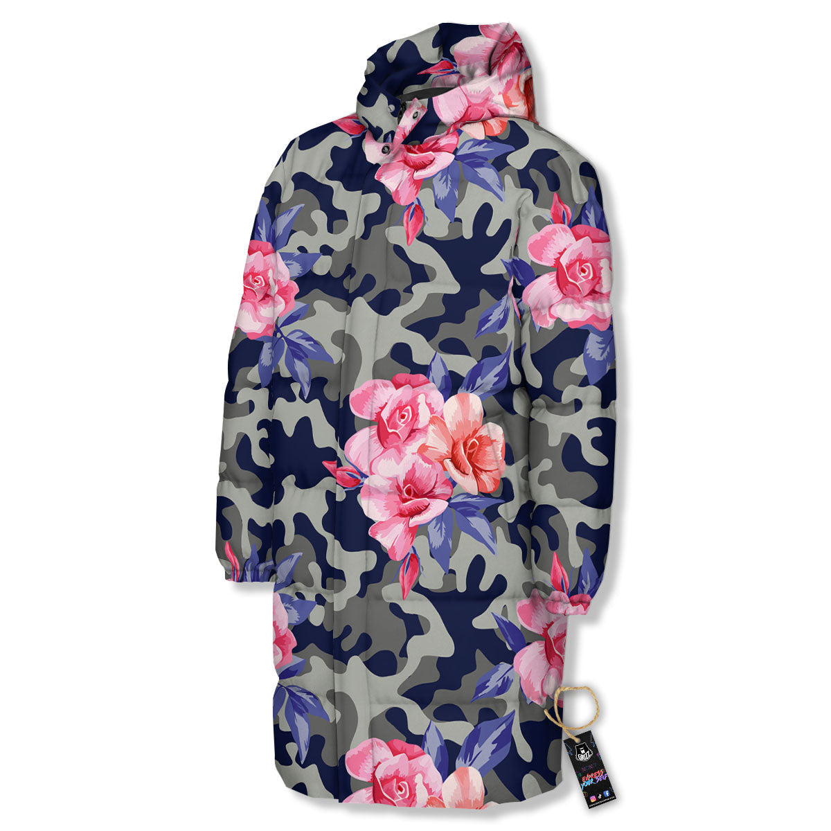 Camouflage Flower Pink Rose Print Long Down Jacket-grizzshop