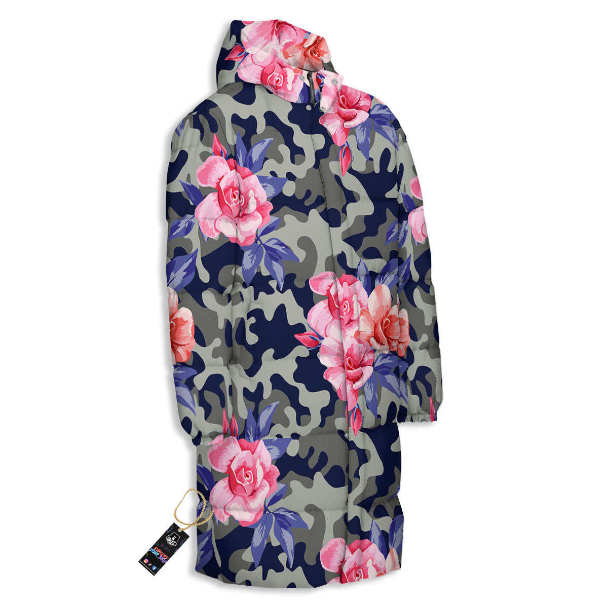 Camouflage Flower Pink Rose Print Long Down Jacket-grizzshop